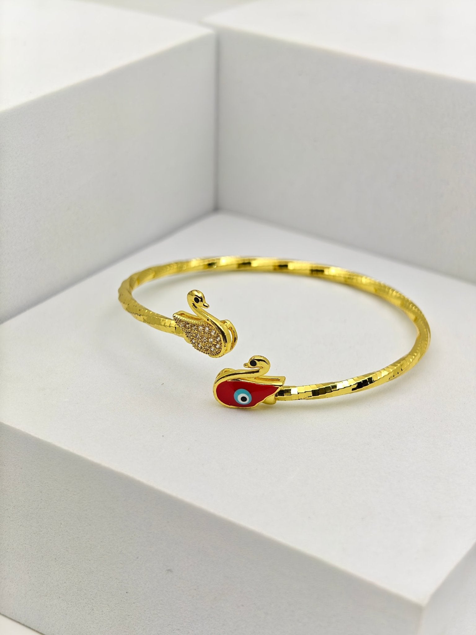 Swan Charm Gold Plated Enamel Bracelet for Women | Anti-Tarnish Stainless Steel Open Cuff Bangle - The Soul Jewellery