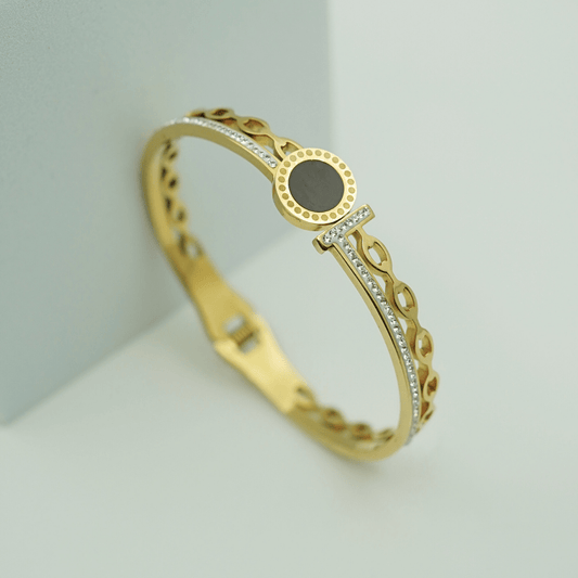 18K Gold - Plated Anti - Tarnish Bangle with Black Enamel Circle and Crystal Chain Detailing RGB358 - The Soul Jewellery