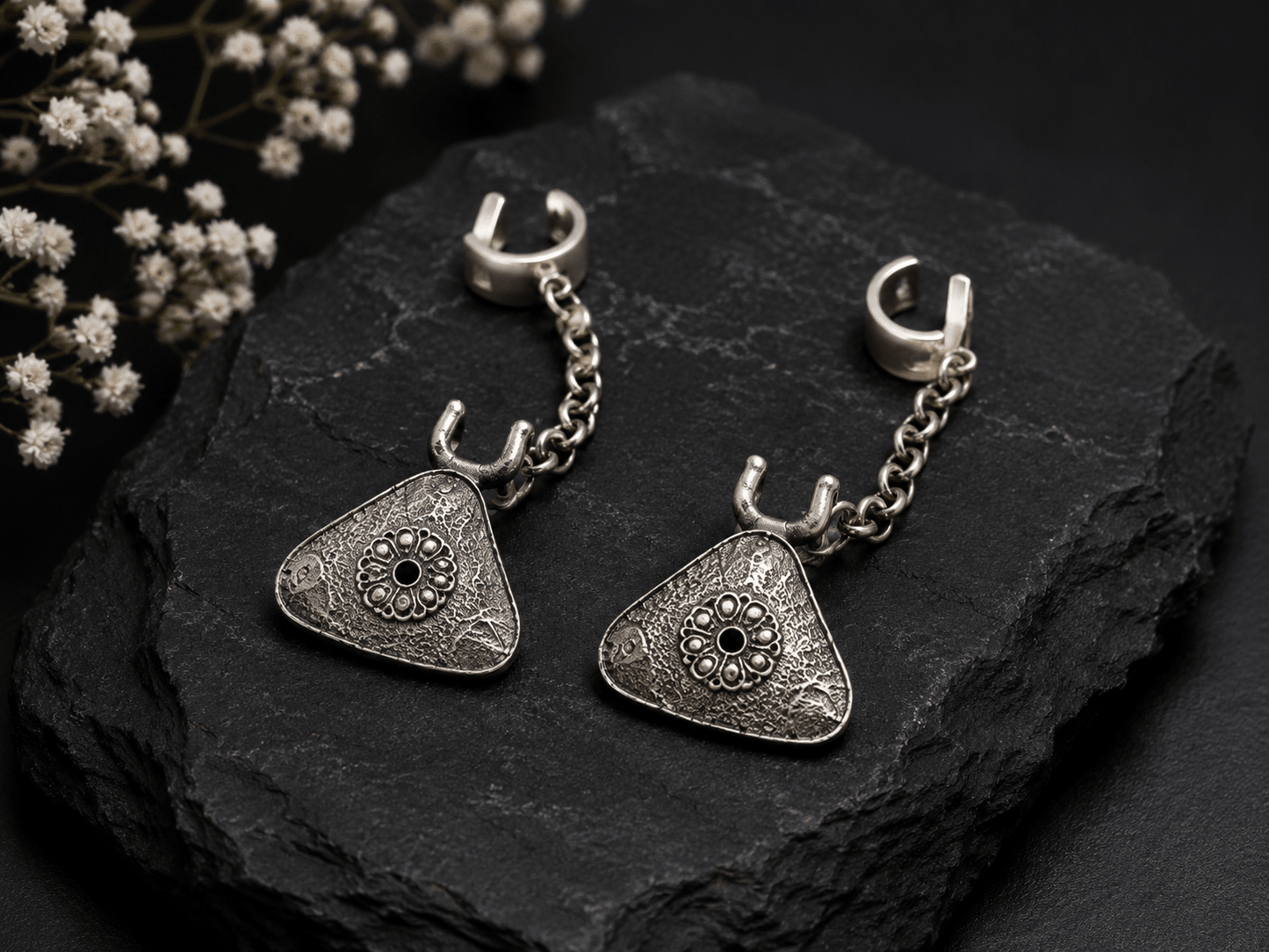 Vintage Oxidized Silver Replica Ear Cuff Chain Earrings for Women | Tribal Boho Statement Earrings - The Soul Jewellery