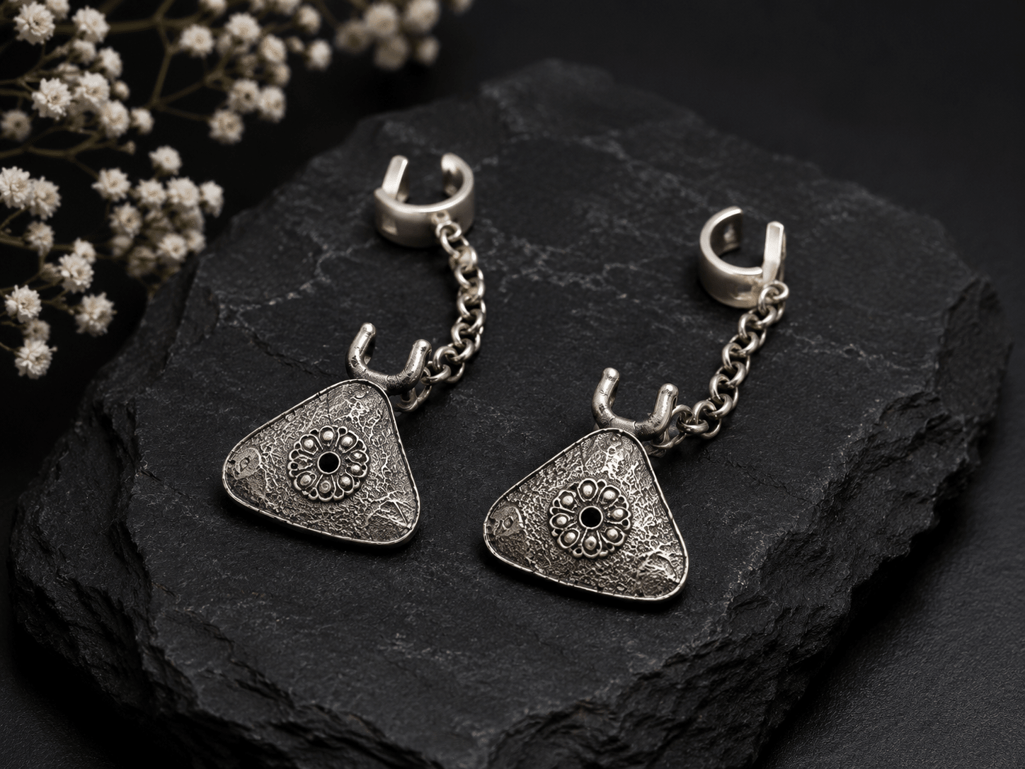 Vintage Oxidized Silver Replica Ear Cuff Chain Earrings for Women | Tribal Boho Statement Earrings - The Soul Jewellery