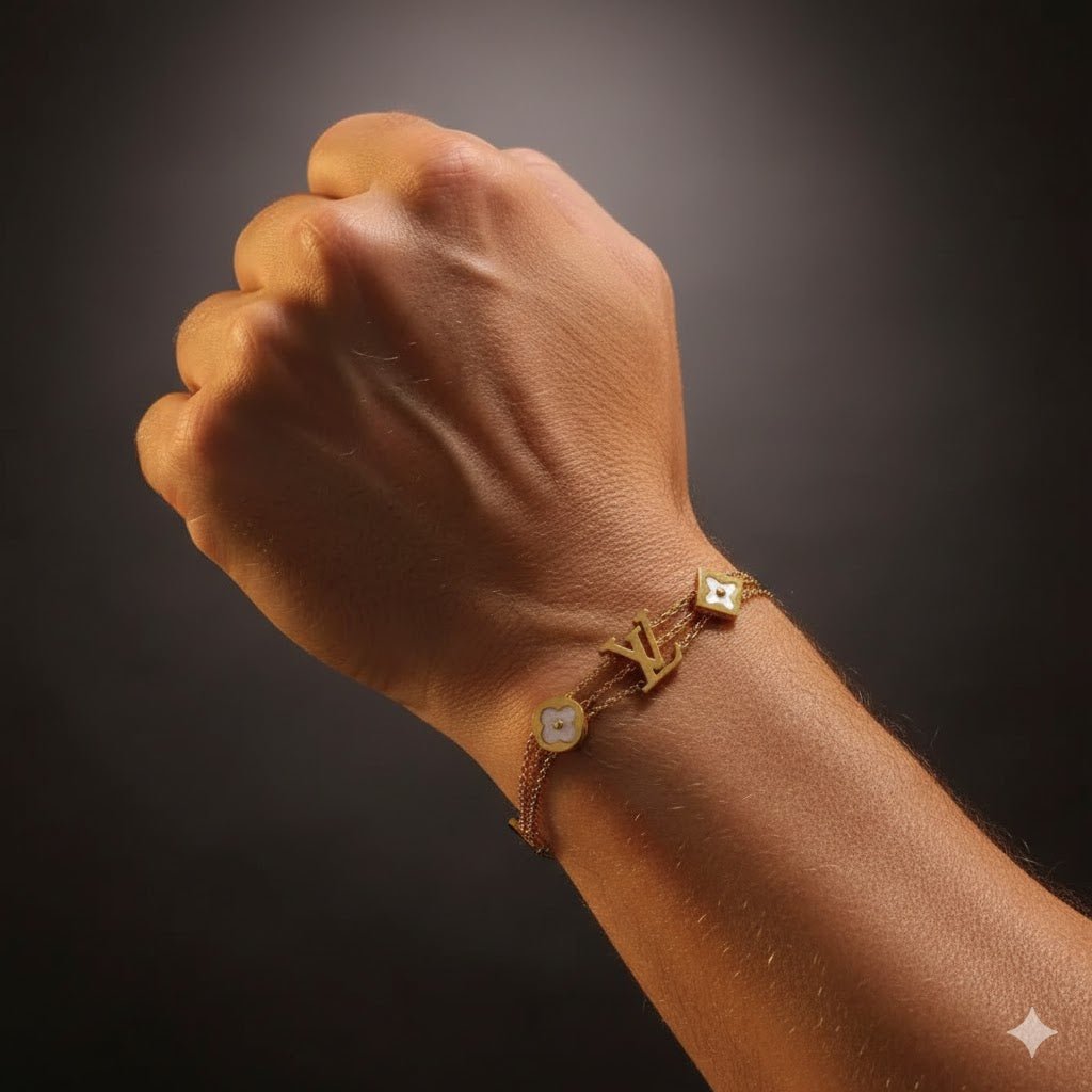 LuxeClover 8Élite Demi-Fine Anti-Tarnish Layered Unisex Bracelet with MOP Clover & LV-Inspired Logo - The Soul Jewellery