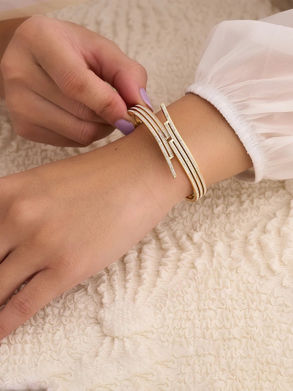 17 Victory Layered Gold Bangle – 18K Plated, Anti - Tarnish Crystal Bar Demi Fine Bracelet for Women - The Soul Jewellery