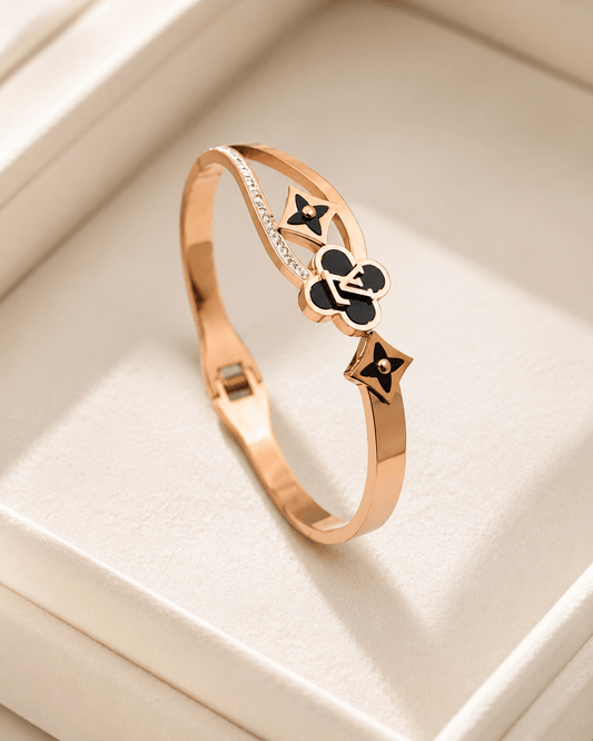 Rose Gold Anti-Tarnish Demi Fine Bangle – Black Enamel & Crystal Openable Designer Bracelet for Women - Soul Jewellery