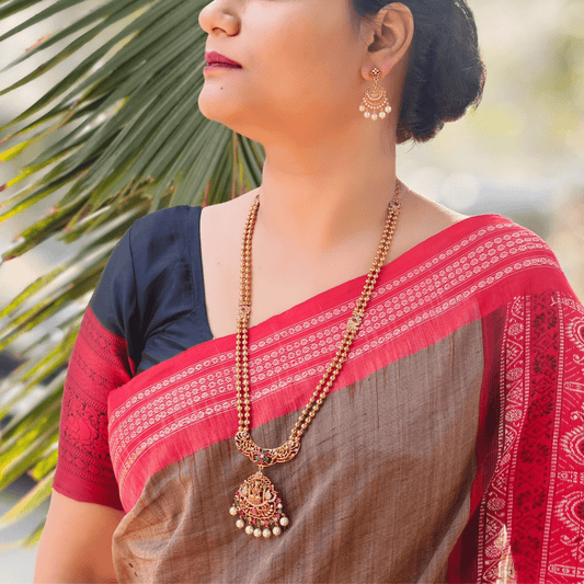 22k Golld plated Arya Antique Gold - Plated Long Temple Necklace & Earring Set - The Soul Jewellery