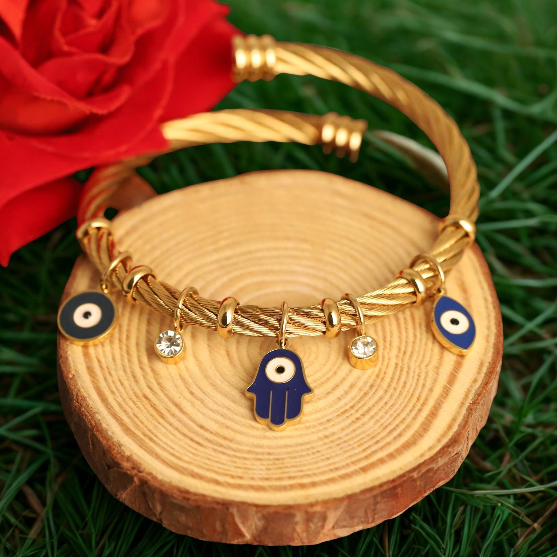 Luxury 18K Gold-Plated Evil Eye & Hamsa Charm Bracelet – Anti-Tarnish Stainless Steel Turkish Bangle for Protection & Style