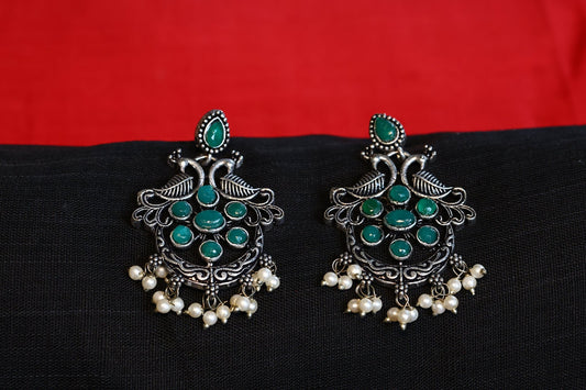 Premium German Silver Peacock Earring with Green Stones and Elegant Pearls - The Soul Jewellery