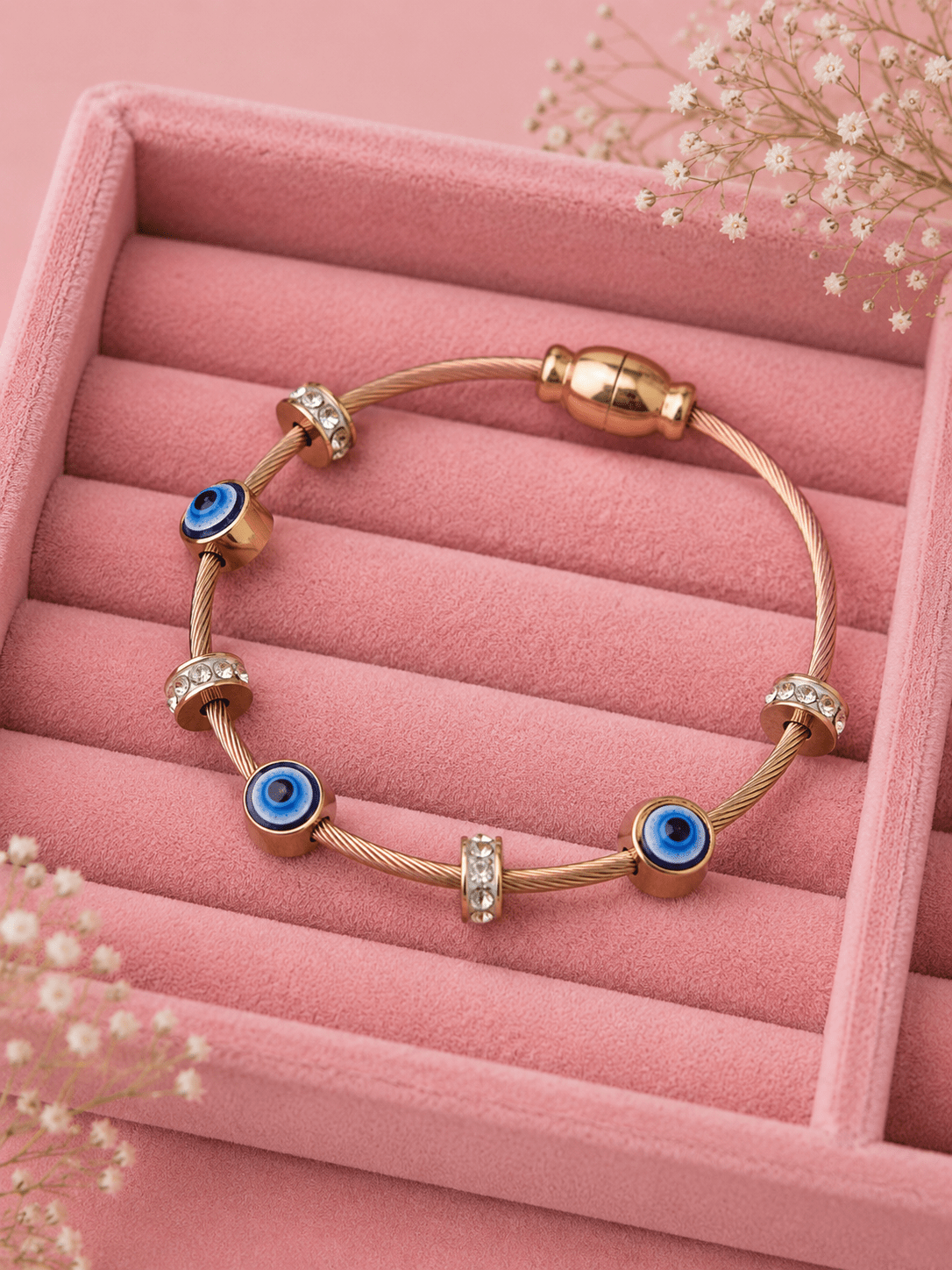 Elegant Rose Gold Anti-Tarnish Evil Eye Charm Bangle with Crystal Accents Every day Wear Kada - The Soul Jewellery