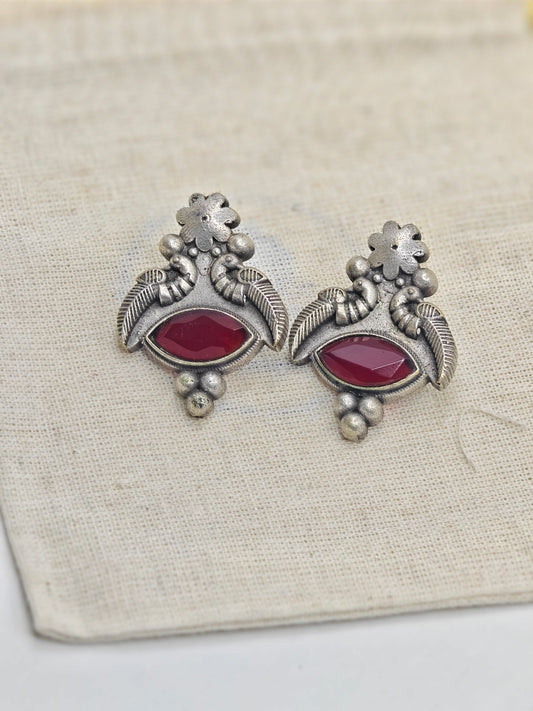 Antique Silver Replica Earrings with Red Stone | Festive Ethnic Jewellery for Women – Limited Time Offer - The Soul Jewellery