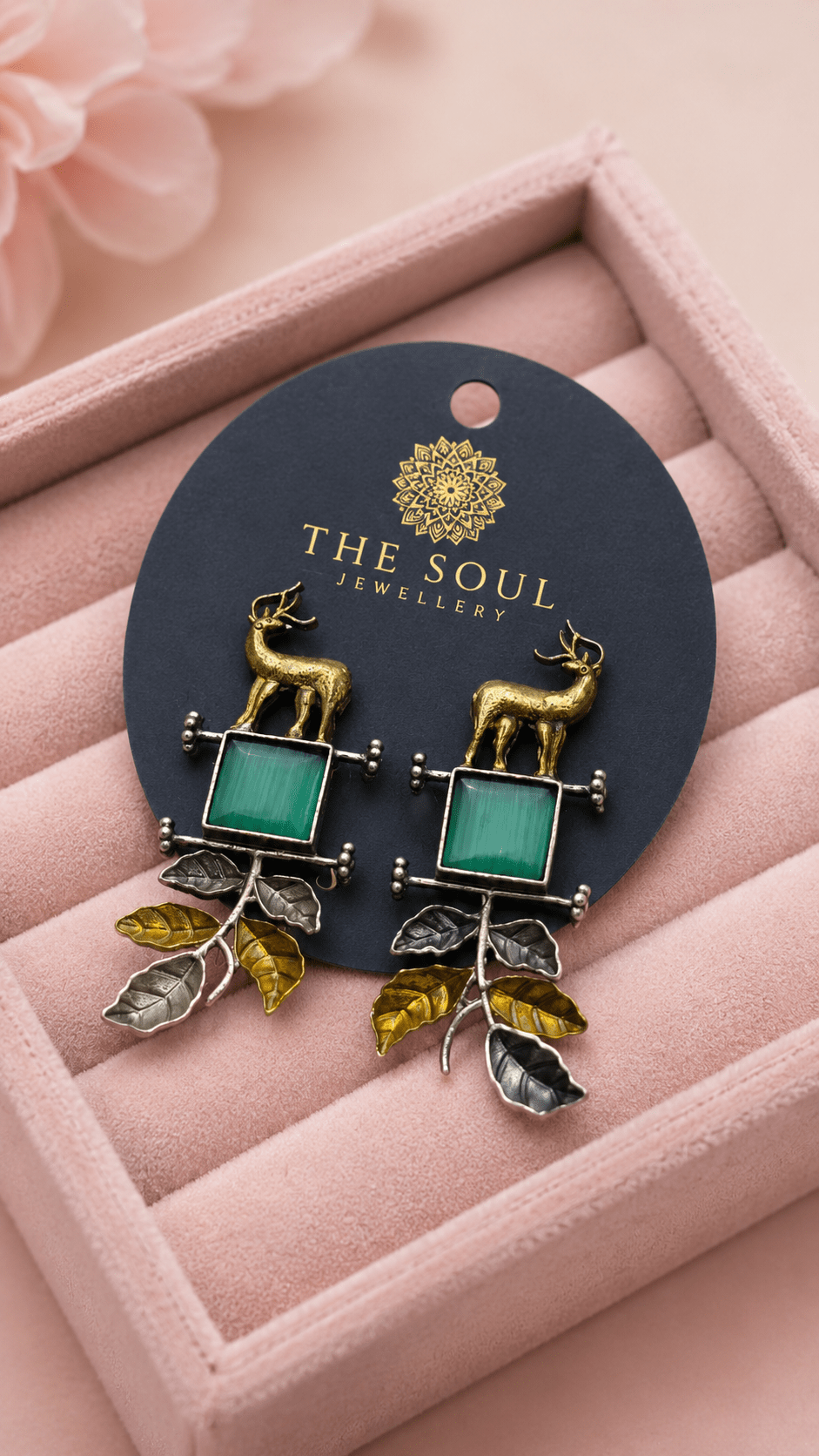 Handcrafted Dual-Tone Deer Motif Earrings with Green Stone Leaf Charms –Oxidised Earrings for Women - The Soul Jewellery