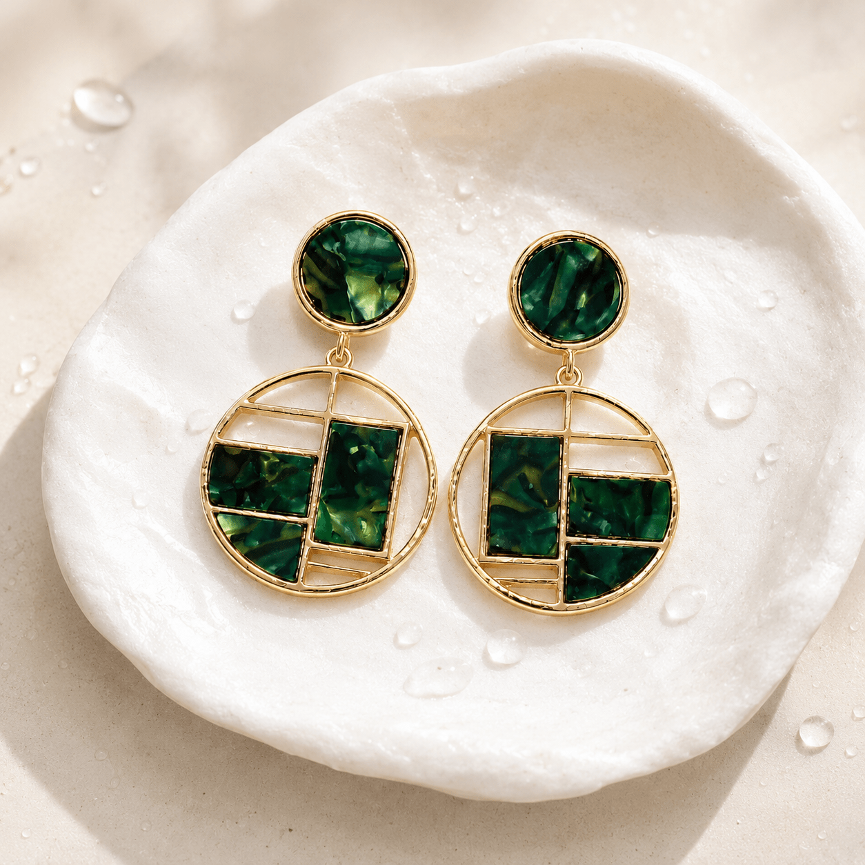 Emerald Green Marble Geometric Drop Earrings – Gold-Tone Statement Dangle Earrings for Women - Soul Jewellery