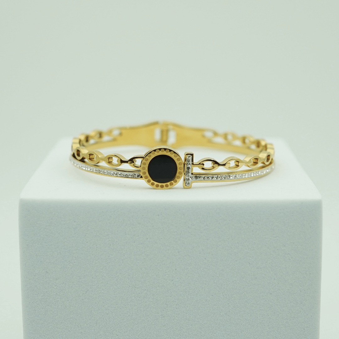 18K Gold - Plated Anti - Tarnish Bangle with Black Enamel Circle and Crystal Chain Detailing RGB358 - The Soul Jewellery