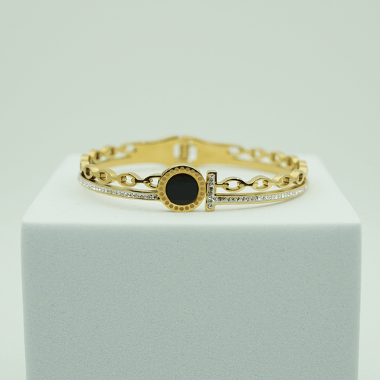 18K Gold - Plated Anti - Tarnish Bangle with Black Enamel Circle and Crystal Chain Detailing RGB358 - The Soul Jewellery