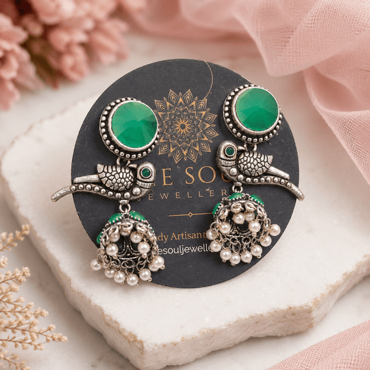 Oxidised Silver Green Stone Bird Jhumka Earrings with Pearl Danglers | Ethnic Earrings for Women - The Soul Jewellery