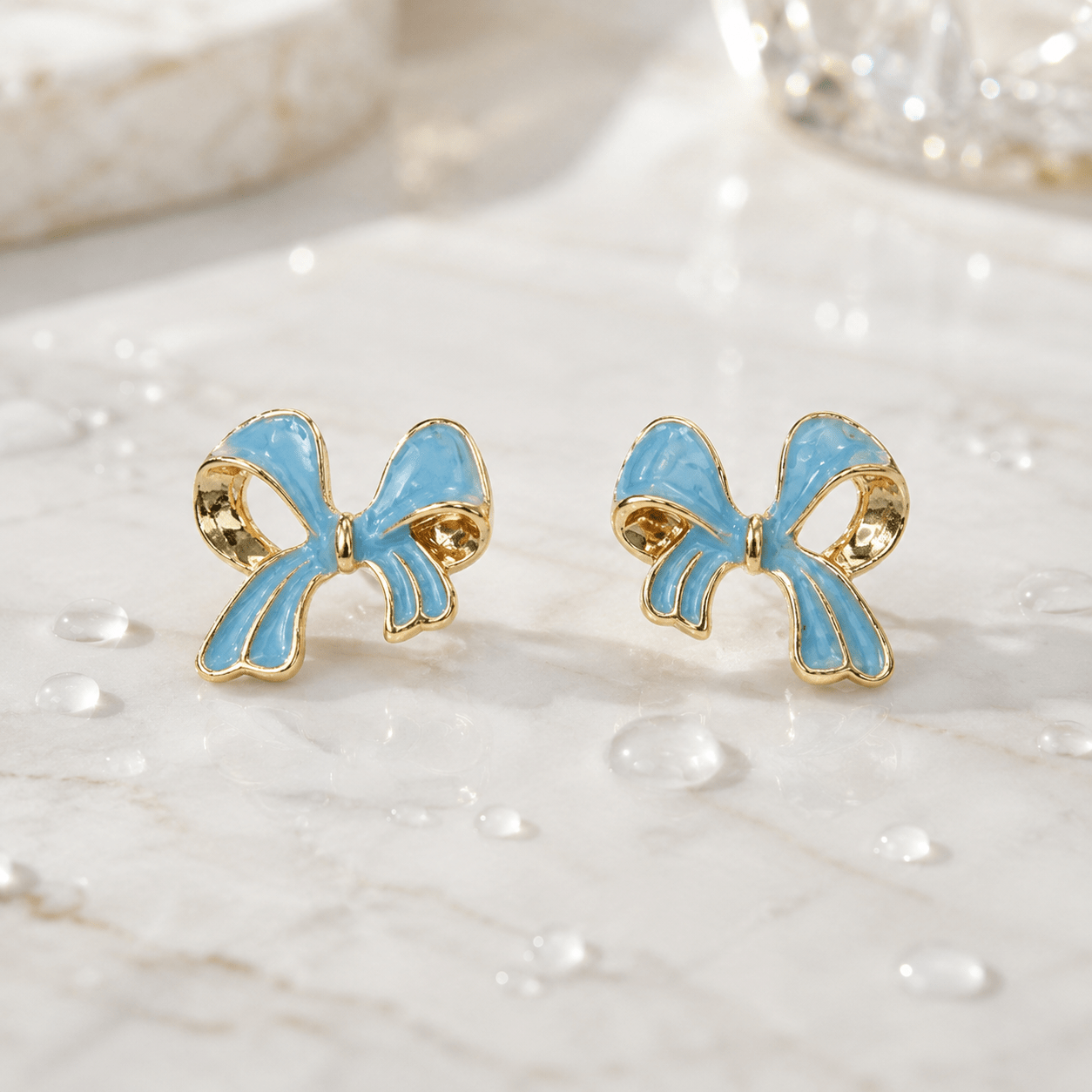 Sky Blue Bow Stud Earrings for Women – Gold-Tone Enamel Ribbon Earrings | Cute Minimal Everyday Stud - Soul Jewellery