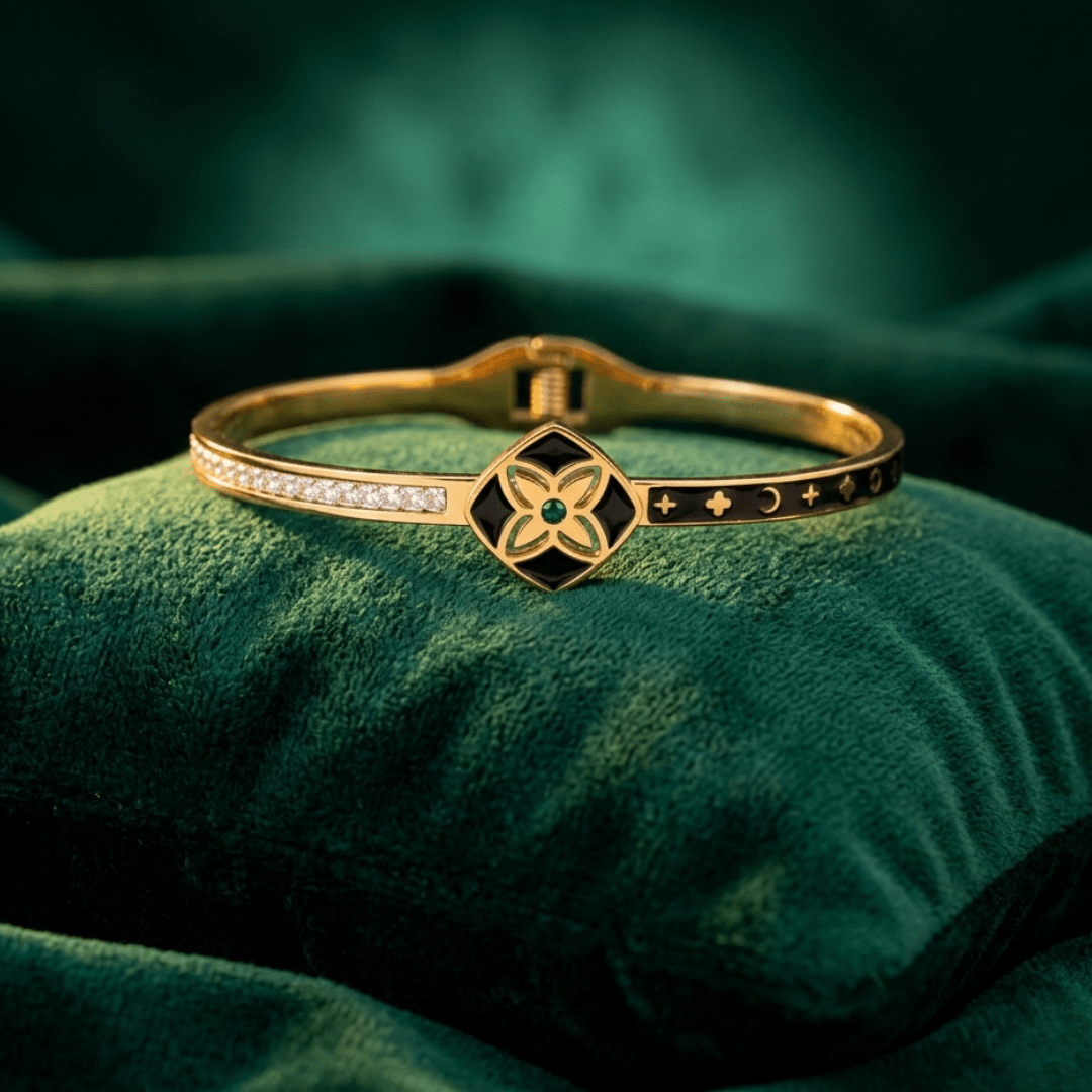 Royal Prosperity 6™ – 22K Gold Plated Anti - Tarnish Openable Kada for Women with Black Enamel & Green Crystal - The Soul Jewellery