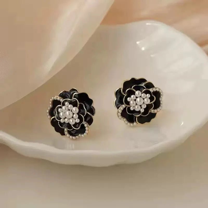 Midnight Camellia Aura 6™ Black Enamel Pearl Flower Stud Earrings for Women -DemiFine Floral Earring - The Soul Jewellery