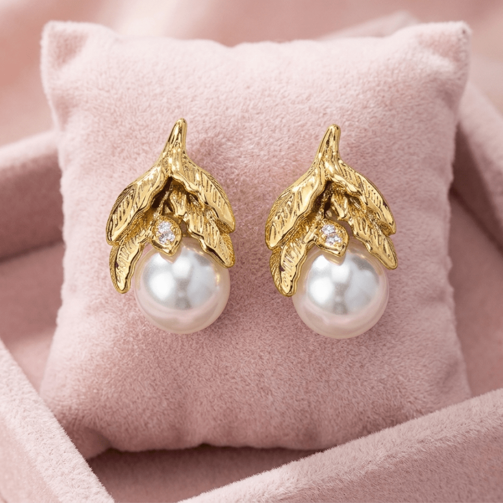 Golden Leaf Aura 6™ Pearl Stud Earrings for Women – Gold Plated Demi - Fine CZ Accent Elegant Earrings - The Soul Jewellery