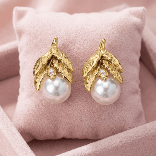 Golden Leaf Aura 6™ Pearl Stud Earrings for Women – Gold Plated Demi - Fine CZ Accent Elegant Earrings - The Soul Jewellery