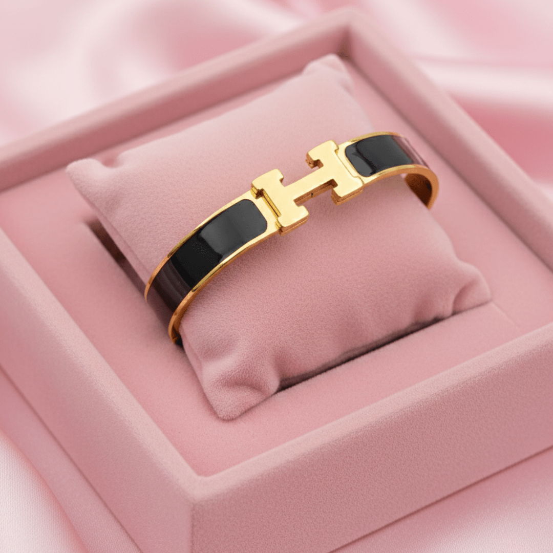 Imperial Prosperity 8™ Black Enamel H Bracelet | 18K Gold Plated AntiTarnish Demi-Fine Kada Bracelet - The Soul Jewellery