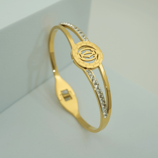 Luxury 18K Gold Plated Anti - Tarnish Emblem Bangle with Crystal Accents – Elegant Openable Design RGB309 - The Soul Jewellery
