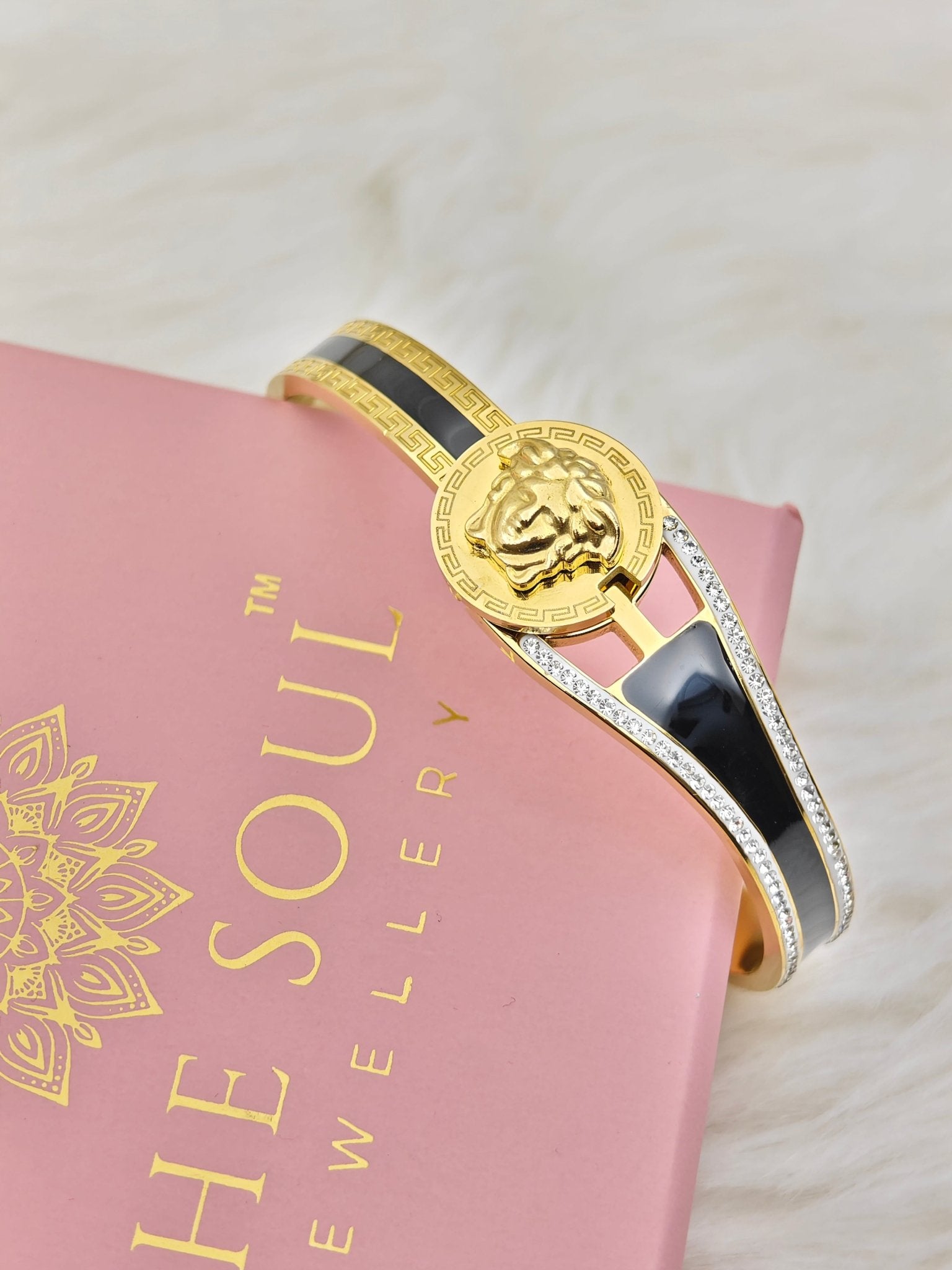 18K Gold Plated Anti-Tarnish Lion Medallion Bangle with Black Enamel & CZ Accents Unisex Kada - The Soul Jewellery