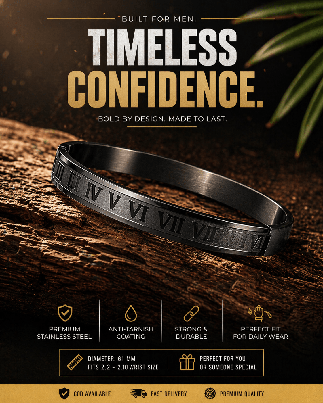 Imperial Roman Aura 27™ Men’s Black Bracelet – Engraved Roman Numeral Kada |Daily wear Minimal Cuff - The Soul Jewellery