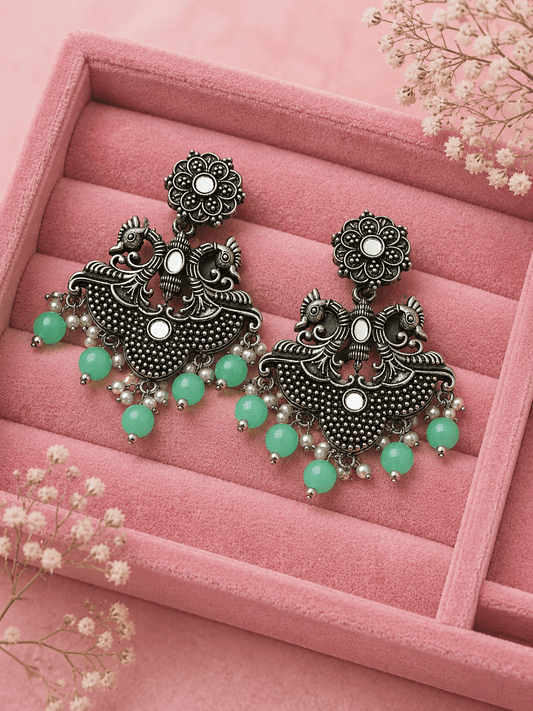 Luxury Oxidised Silver Peacock Chandbali Earrings with Mint Green Beads | Traditional Indian Statement Earrings for Women - The Soul Jewellery