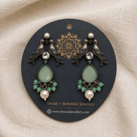 Mint Green Bird Pearl Oxidised Earrings for Women – Vintage Boho Earrings with Crystal & Pearl Drops - The Soul Jewellery