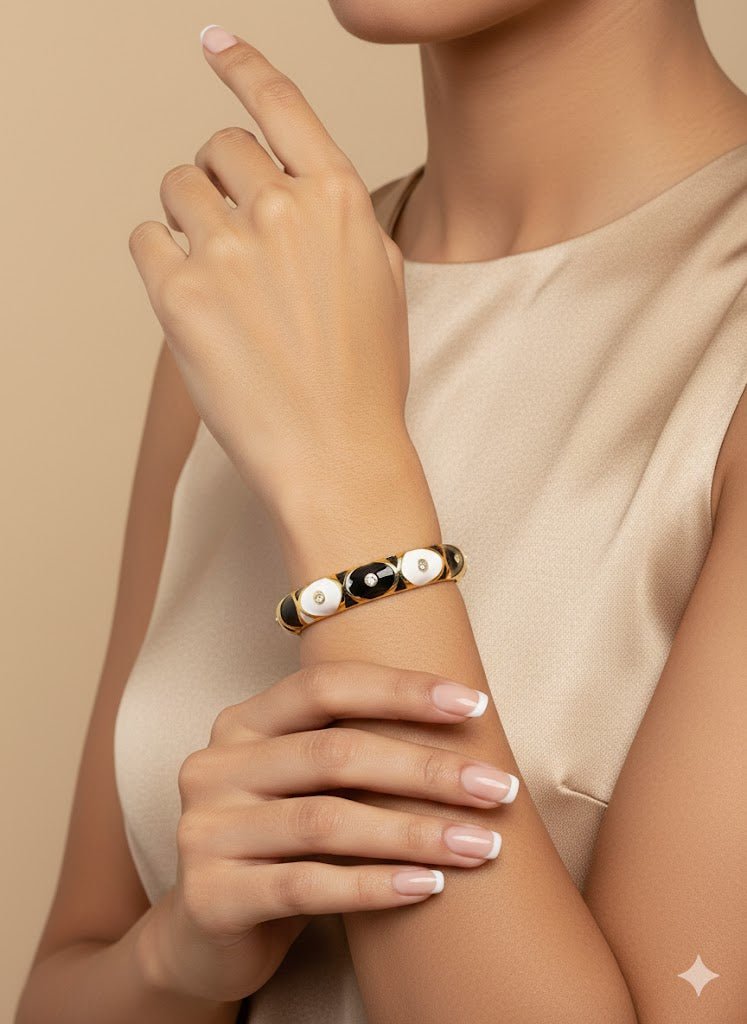 AURÉLIA AMORE LUXE 6™ Noir Pearl Harmony CZ Demi Fine Enamel Kada Bracelet for Women - The Soul Jewellery