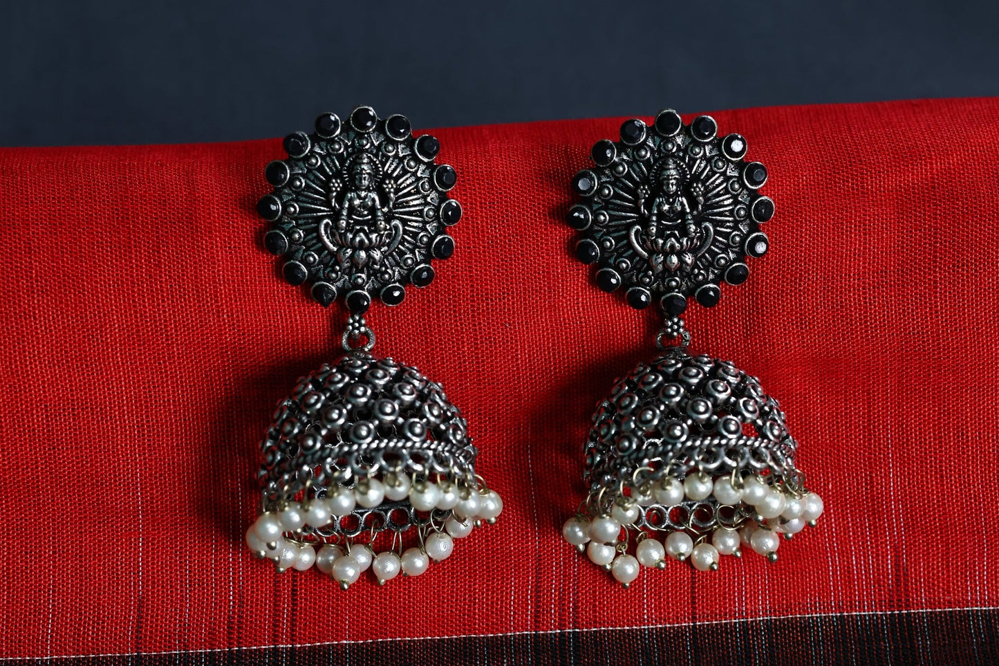 German Silver Lakshmi Jhumka Earring with Black Stones and Pearls - The Soul Jewellery
