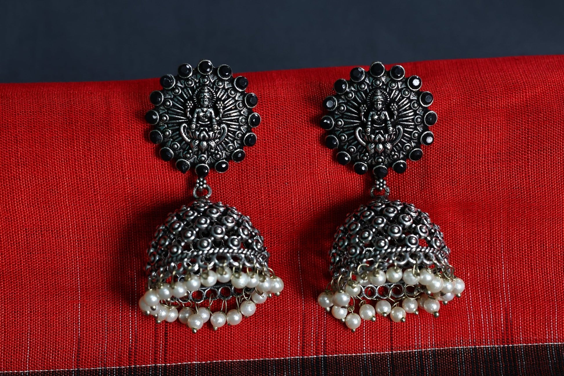 German Silver Lakshmi Jhumka Earring with Black Stones and Pearls - The Soul Jewellery