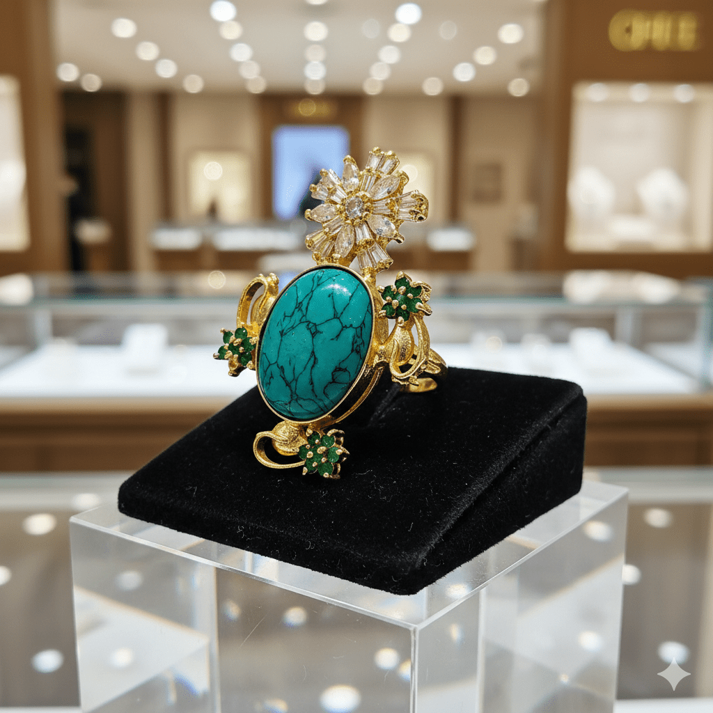 Premium Gold - Plated Brass Ring with Turquoise Natural Stone – Floral CZ - Studded Statement Ring for Women - The Soul Jewellery