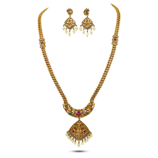 Duti Antique Matte Gold Plated Long Necklace Set with Devi Lakshmi & Peacock Motif - The Soul Jewellery