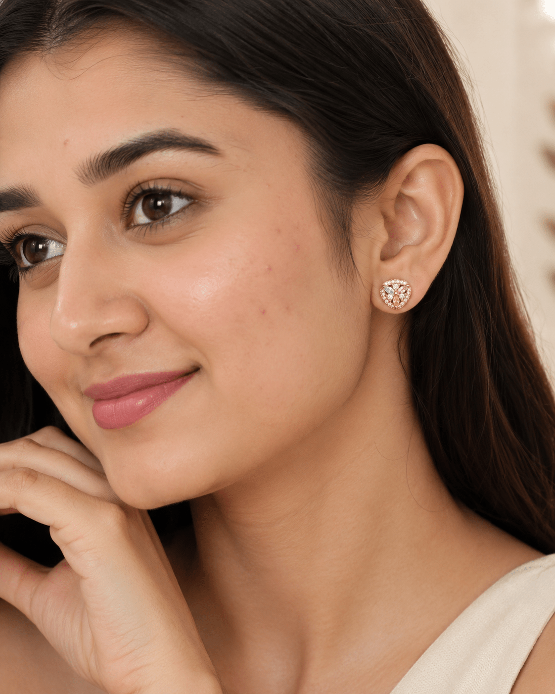 Rose Gold Multicolour Floral CZ Stud Earrings for Women – Pastel Crystal Heart-Shaped Demi fine Stud - Soul Jewellery