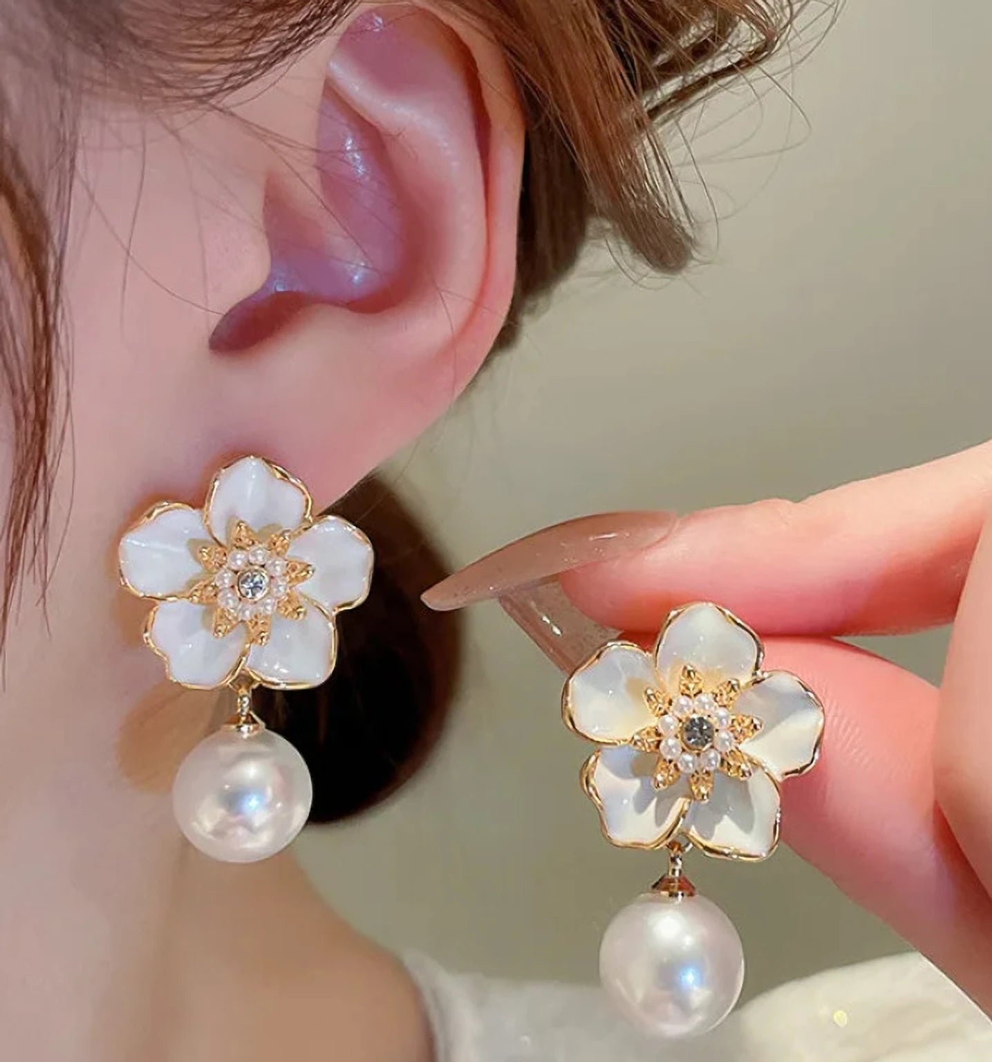 White Enamel Floral Pearl Drop Earrings for Women – Ivory Bloom Aura 6™ Gold Plated Demi - Fine Designer Earrings - The Soul Jewellery