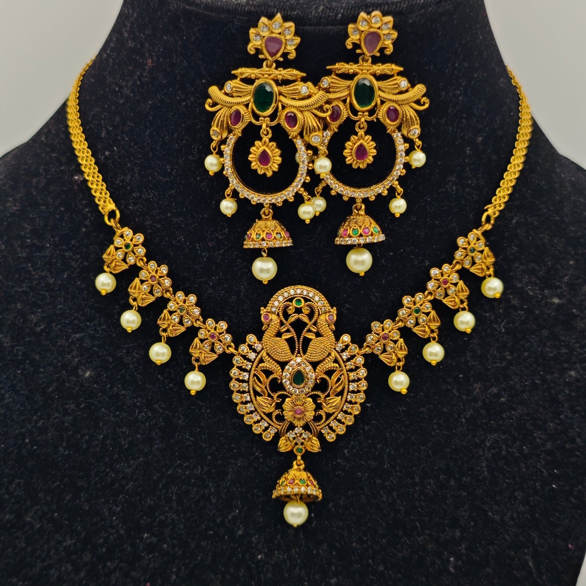 Maharani Peacock Jhumka™ Traditional Temple Necklace Set for Women – Antique Gold Plated South Indian Kundan Necklace Set, Pearl Drops & Statement Chandbali Earrings - The Soul Jewellery