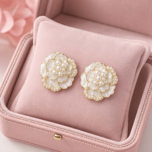 White Floral Pearl Stud Earrings for Women – Gold-Tone Layered Flower Demi Fine Earrings - Soul Jewellery