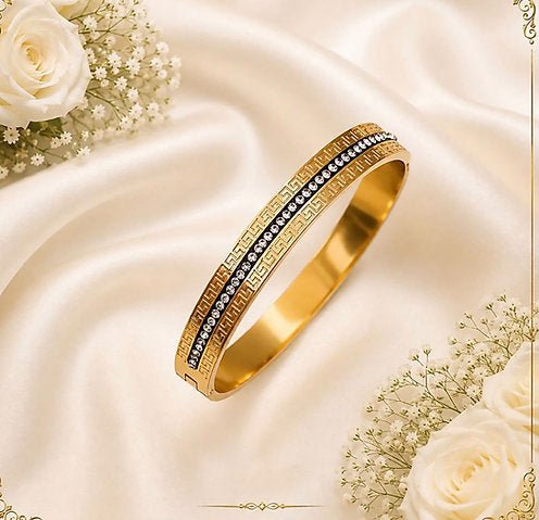 Gold-Tone Crystal Greek Key Openable Bangle Bracelet for Women – Stainless Steel Demi Fine Kada - Soul Jewellery