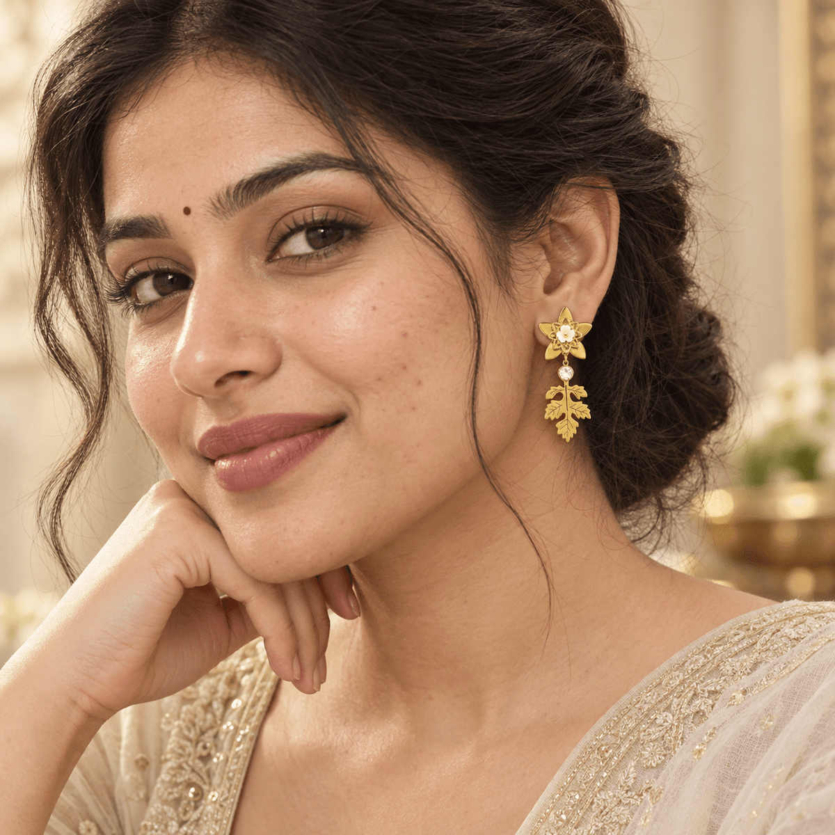 Gold-Tone Stainless Steel Floral Leaf Drop Earrings for Women | White Flower & Crystal Dangle Earrings - Soul Jewellery