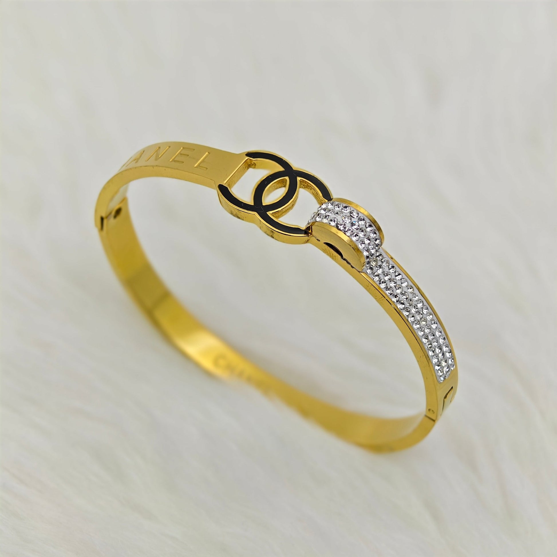 Luxury Gold - Plated CC - Inspired Bracelet – Anti - Tarnish Stainless Steel Bangle with Crystal Accents - The Soul Jewellery
