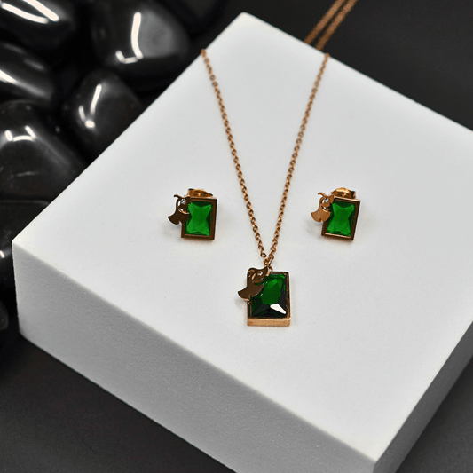 Green Allure: 18K Gold - Plated Anti - Tarnish Necklace and Earring Set with Green Gemstones ATCP141 - The Soul Jewellery