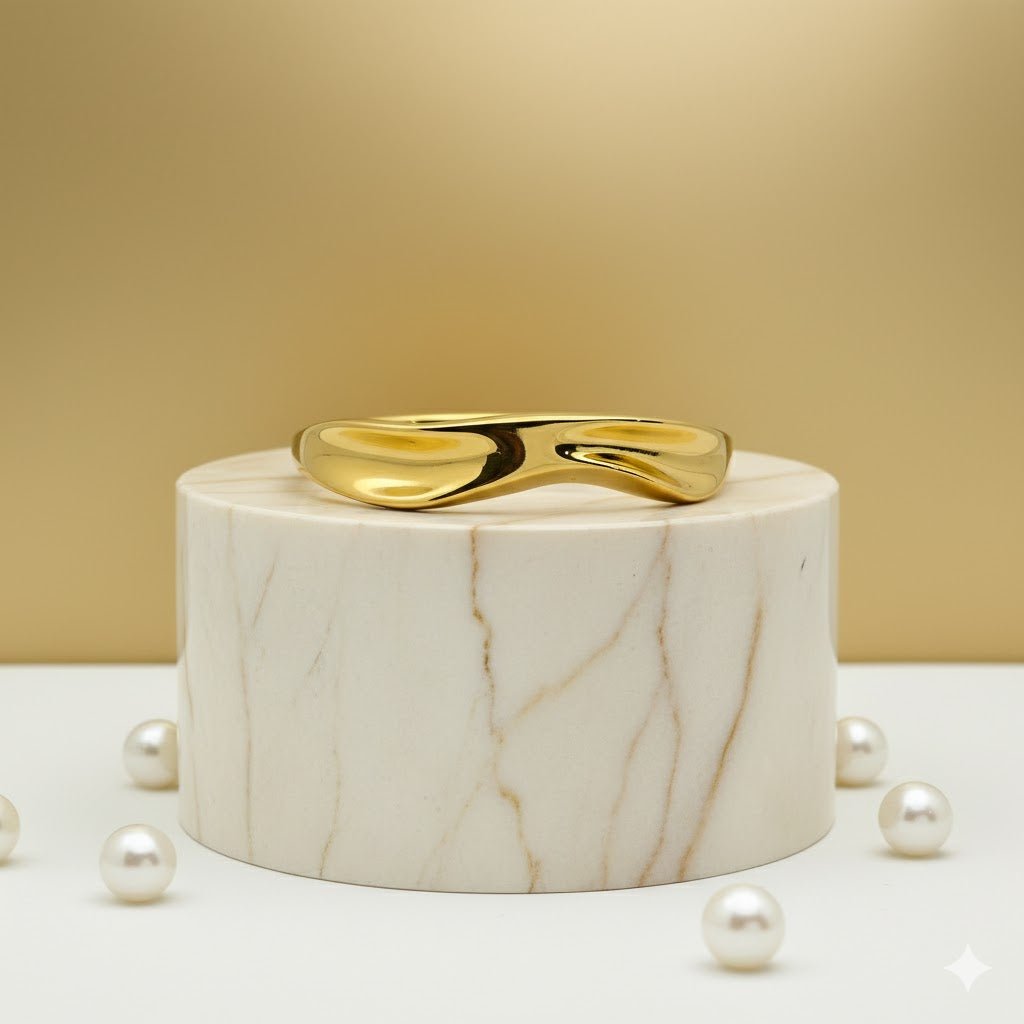 Luxury 22K Gold - Plated Wave Cuff Bracelet – Anti - Tarnish Stainless Steel Statement Bangle RGB441 - The Soul Jewellery