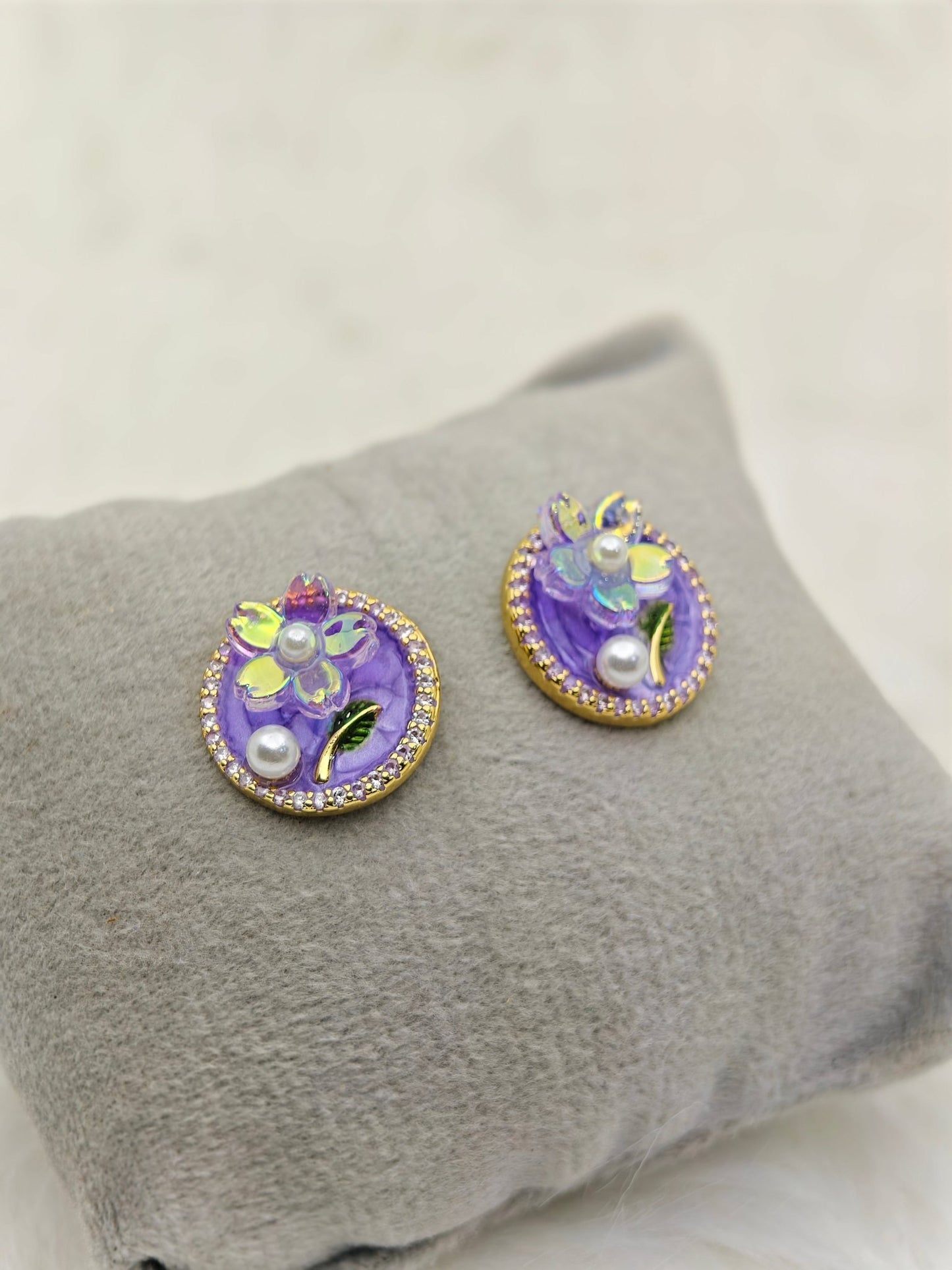 AntiTarnish Purple Enamel Stud Earrings with Pearl & Floral Detailing – Everyday Statement Jewelry - The Soul Jewellery