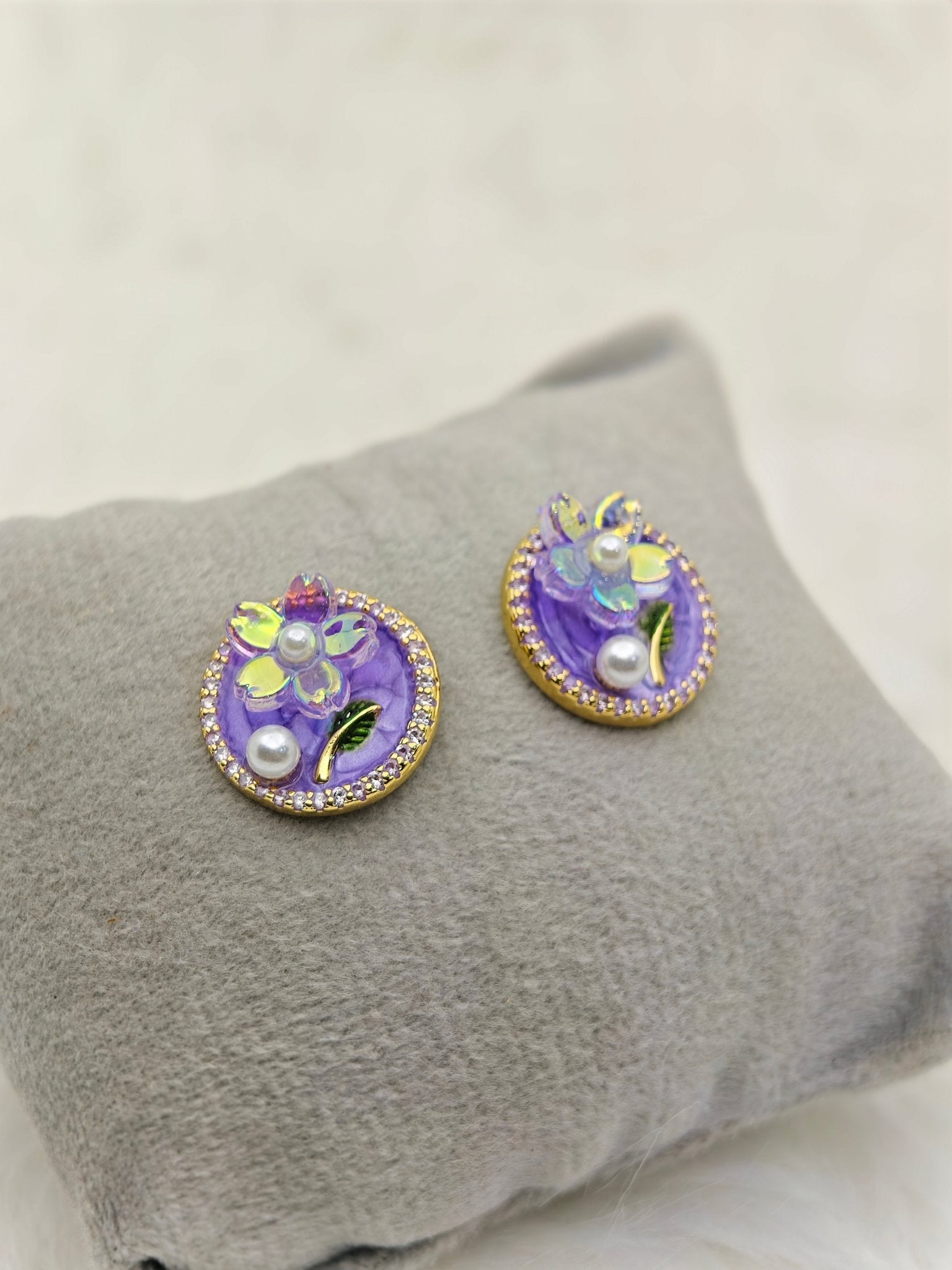 AntiTarnish Purple Enamel Stud Earrings with Pearl & Floral Detailing – Everyday Statement Jewelry - The Soul Jewellery