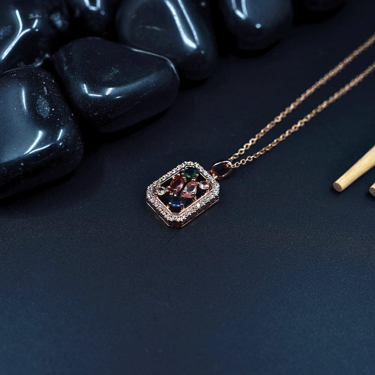 Gleaming Elegance: 18K Rose Gold Chain Pendant Necklace with Multi - Stone Studded Charm ATCP104 - The Soul Jewellery