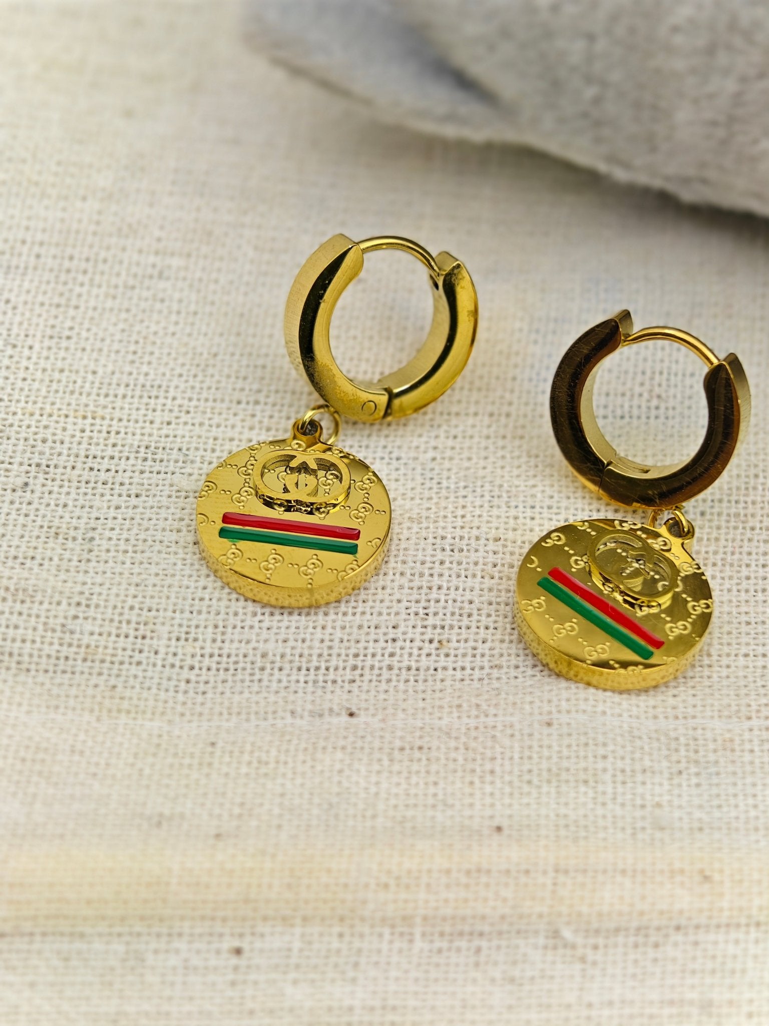 Demi-Fine Gold-Plated Coin Charm Hoop Earrings | Enamel-Detailed Anti-Tarnish Stainless Steel Hoops - The Soul Jewellery