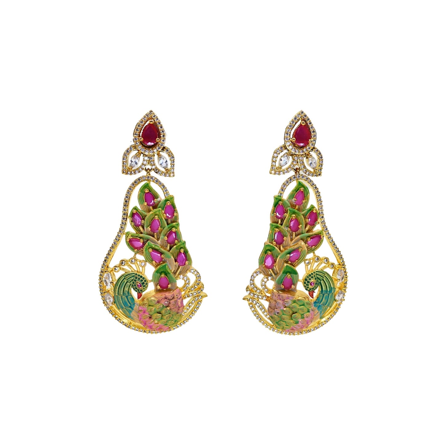Portia CZ Studded Multicolor Peacock Design Long Drop Earring - The Soul Jewellery