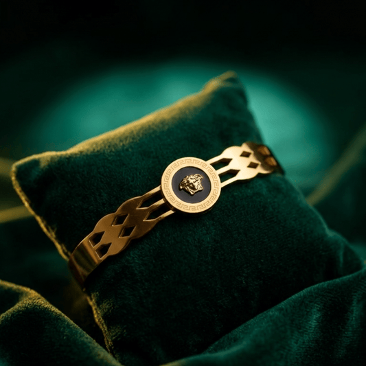 Imperial Dynasty 8™ Medusa Emblem Gold Cuff Bracelet for Men – Versace Inspired Black Enamel Luxury Stainless Steel Demi - Fine Power Kada - The Soul Jewellery