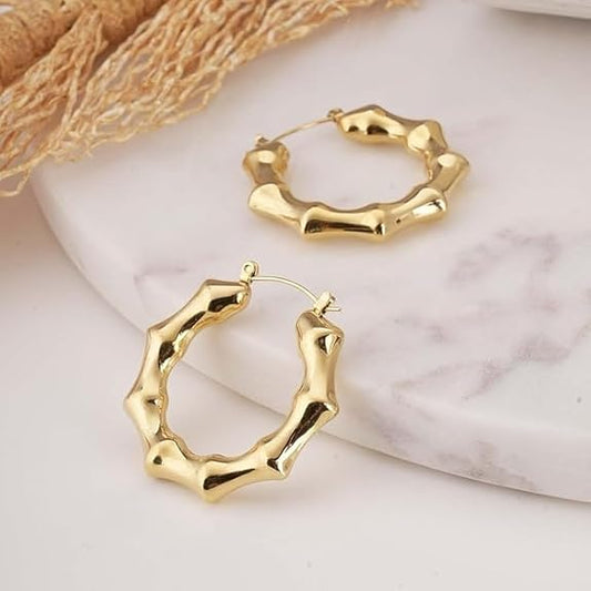 18K Gold Plated Anti - Tarnish Bamboo Hoop Earrings for Women | Demi - Fine Luxury Daily Wear Hoops | Waterproof Minimal Statement Jewellery - The Soul Jewellery