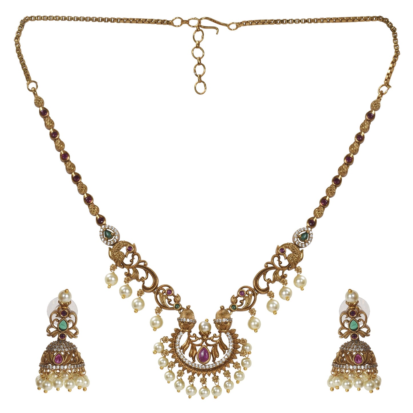Ayanika Antique Gold - Plated Short Necklace & Jhumka Earring Set - The Soul Jewellery